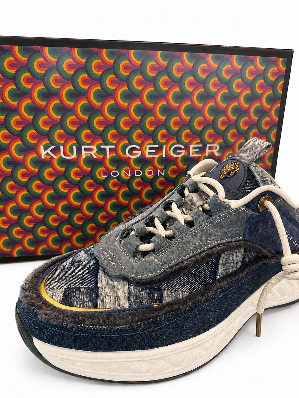 Kurt Geiger Patchwork Denim Trainer in Blue and Cream- Womans US 9. NEW